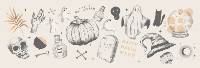 Foto op Plexiglas Halloween. Pumpkin. Scull. Ghosts. Set of vector hand drawn illustrations. Tattoos, engraving style. © Molibdenis-Studio