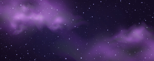 Fototapeta na wymiar Space night sky with nebula and shining stars. Starry universe cosmic background with blue, purple realistic nebulosity and glow star. Realistic violet galaxy with stardust and sparkle sparks, vector