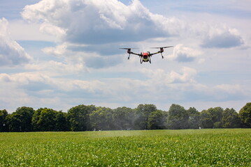 A modern solution in agricultural. Use of robotic systems with agriculture spraying drone fly to sprayed spraying chemical from insects - insecticides, fungicides, acaricide, or herbicides from weeds.