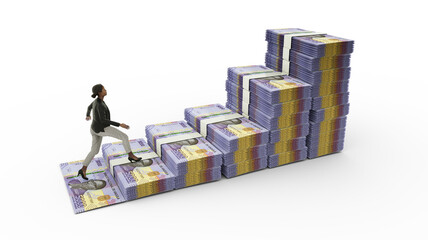 Business woman climbing stairs made of stacks of Angolan kwanza notes isolated on white background. 3D rendering of money arranged in the shape of a financial growth graph icon.