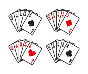 Playing cards of clubs, diamonds, hearts and spades playing cards deck colorful illustration. Poker cards, jack, queen, king and ace vector illustration.