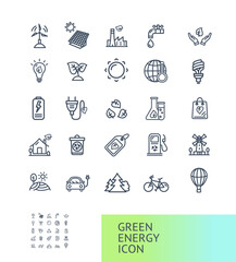 Green Energy Signs Thin Line Icons Set. Vector