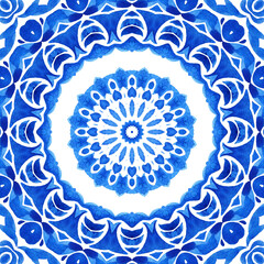 Blue seamless ornamental watercolor pattern hand drawn snowflake