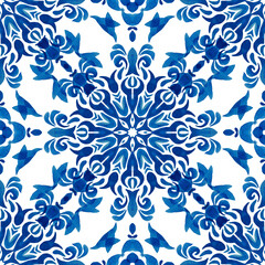 Vintage damask indigo tiles seamless ornamental watercolor arabesque paint design. Luxury decorative ceramic art