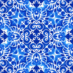 Fototapeta na wymiar Abstract blue and white hand drawn tile seamless ornamental watercolor paint pattern.