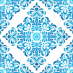 Floral blue and white hand drawn tile seamless ornamental Gorgeous damask background watercolor paint pattern.