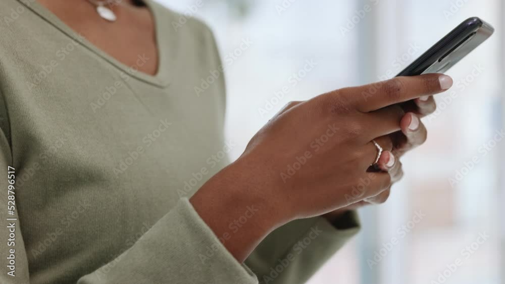 Poster Woman hands with phone searching the internet, texting online and scrolling through social media while at home. One person reading, sending and typing text messages via the web with mobile smartphone