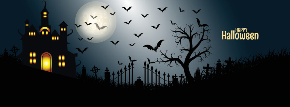 Haunted house night moon with moon Facebook cover template 01