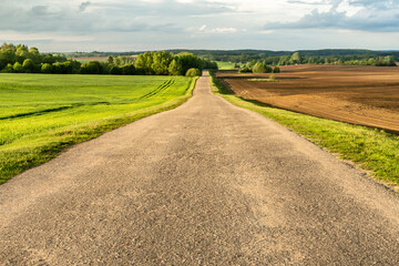 An empty roadway outside the city passes by a rural field and a blooming meadow. Travel by car away...