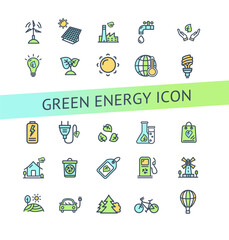 Green Energy Signs Thin Line Icons Set. Vector