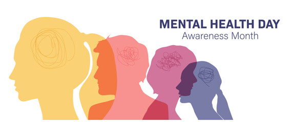  Mental Health Awareness Month banner. People silhouette head isolated.