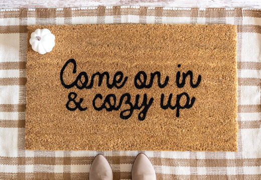 Stylish Fall Welcome Mat And A White Pumpkin