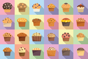 Muffin icons set flat vector. Bakery cake. Cupcake birthday