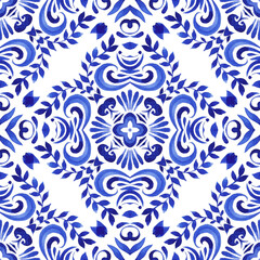 Abstract seamless ornamental watercolor damask arabesque paint pattern. Gorgeous ceramic tile design