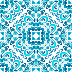 Azulejo spanish tile with flowers. Gorgeous seamless blue floral watercolor pattern tiles. Portuguese style ceramic tile design