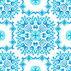 Abstract seamless ornamental watercolor damask arabesque paint pattern. Gorgeous ceramic tile design