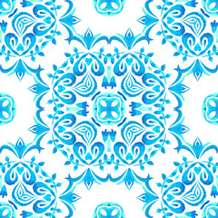 Abstract seamless ornamental watercolor damask arabesque paint pattern. Gorgeous ceramic tile design