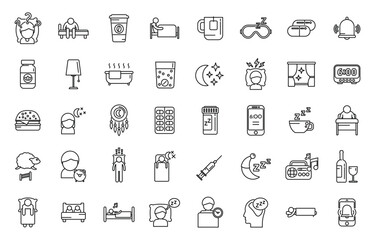 Sleep problems icons set outline vector. Sleep mask. Dream trouble