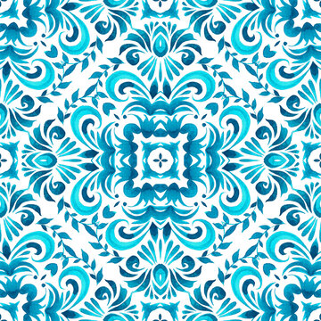 Azulejo spanish tile with flowers. Gorgeous seamless blue floral watercolor pattern tiles. Portuguese style ceramic tile design