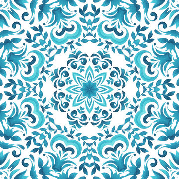 Vintage damask seamless ornamental watercolor arabesque paint tile design pattern for fabric