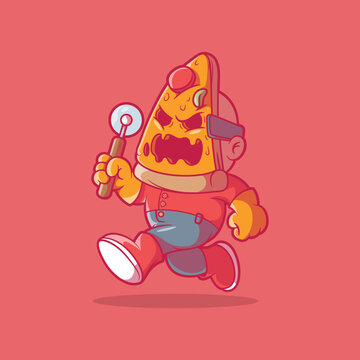 Scary character running with a pizza mask vector illustration. Brand, movies, scary design concept.