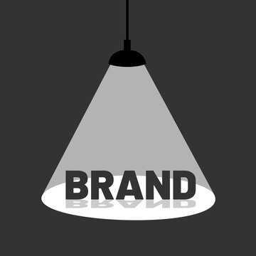 Brand is in the spotlight - brand awareness and brand recognition. Name of company is discovered and explored. Marketing, promo and advertising. Vector illustration.	