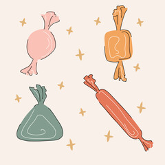 Halloween candies boho set vector illustration isolated on light pink background. Different shapes, colors and sizes. Muted colors with black and white outline flat doodle style design