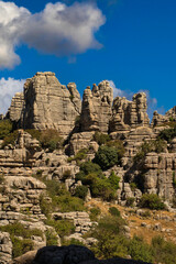 Panoramic view of the famous Torcal de Antequera, Malaga, Spain. Views of the rocky mountains on a sunny day with blue sky in the background and some white clouds.