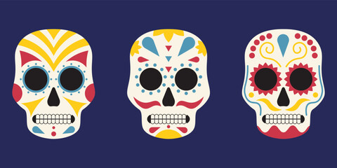 Set Of Sugar Skulls. Design Elements Of Decoration. Day Of The Dead Vector Illustration Flat Style