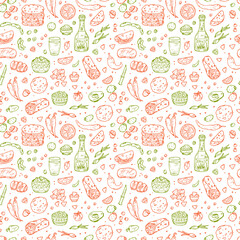 Mexican tradition Food Vector Seamless pattern. Hand drawn doodle Tequila, corn tortilla, taco, burritos, guacamole, nachos corn chips, Vegetables