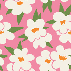 Aesthetic Contemporary printable seamless pattern with retro groovy flowers. Decorative Naive 60's, 70's style Vintage boho background in minimalist mid century style for fabric, wallpaper or wrapping