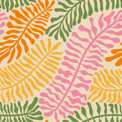 Aesthetic Contemporary printable seamless pattern with retro groovy flowers. Decorative Naive 60's, 70's style Vintage boho background in minimalist mid century style for fabric, wallpaper © anya