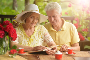 Portrait of beautiful old couple reading book 