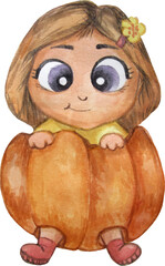 Little girl in  pumpkin. Halloween holiday