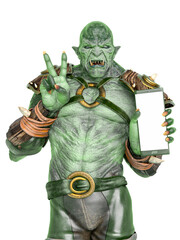 orc warrior holding a cellphone and doing a peace and love pose