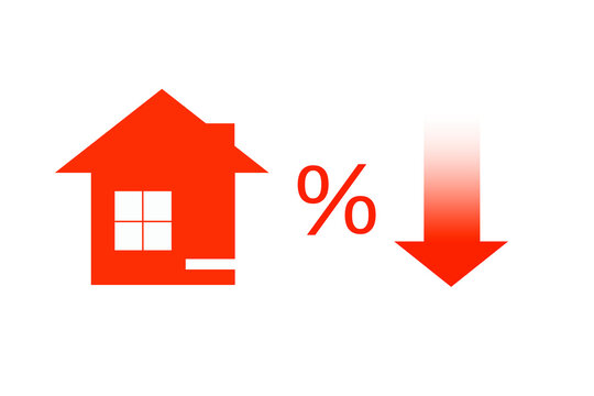 House, percent icon and red are down on white background.Lower mortgage interest rates. Falling prices for rental housing and apartments. Reducing demand for home buying, low cost real estate concept
