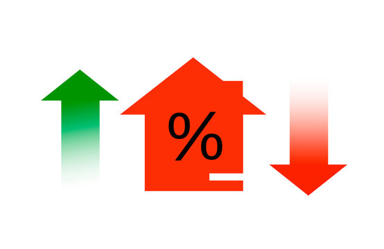 House, percentage symbol icon and  green arrow up and red arrow down. Interest rate financial and mortgage rates concept.  Interest rate, stocks, ranking. Business and finance strategy concept.