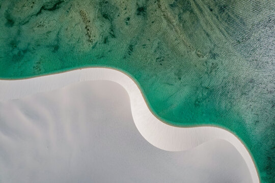 White Sand Dunes Among Lakes With Blue Water, Aerial View