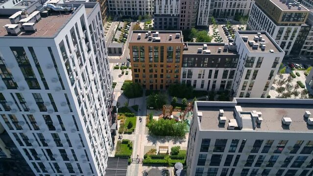 Drone aerial view modern building Residential complex Faina Town. Construction of residential premises. Kyiv capital of Ukraine
