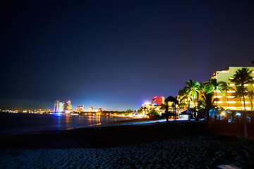 beach at night with lights of the  city in the background and some palm trees in puerto vallarta jalisco 