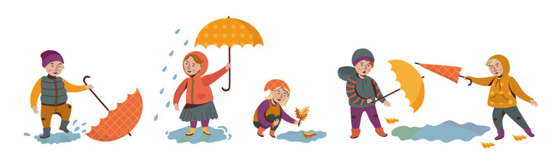 Kids playing on puddles. Boys and girls walking with umbrella. Vector Illustration of autumn season