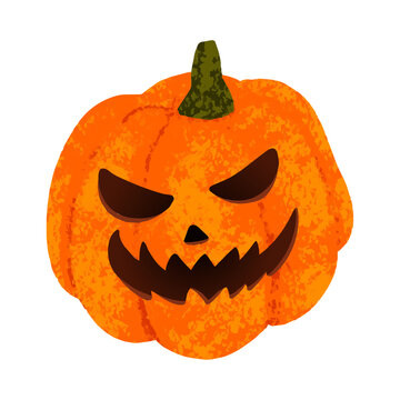 Cute carved pumpkin with a classic sinister face isolated on white background. Halloween pumpkin painted with chalk