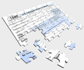 A U.S. Federal 1040 income tax form is seen as a jigsaw puzzle with pieces out of place in this image.