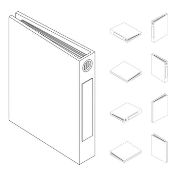 Isometric folder line. A large set of images of an office folder with documents in different angles. Vector illustration in cartoon and game style. Database.