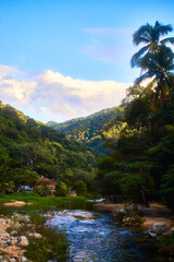 Fototapeta na wymiar river surrounded of nature with tropical forest and blue sky in boca de tomatlan puerto vallarta jalisco 