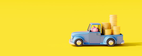 Toy car with piggy bank brings money. Financial assistance concept on yellow background 3D Render 3D Illustration