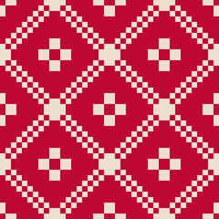 Obraz premium Vector geometric traditional folk ornament. Nordic scandinavian style. Winter Christmas theme. Red seamless pattern. Ornamental background with squares, crosses, snowflakes, flower shapes, embroidery