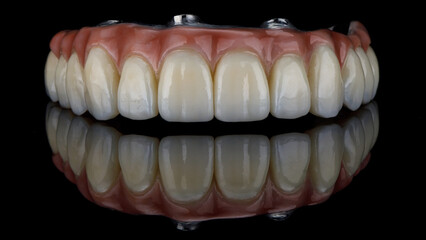 finished dental prosthesis made of zircon with natural gums on black glass with creative reflection