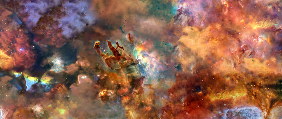 Somewhere in deep space. Pillars of creations and space dust. Science fiction. Elements of this image were furnished by NASA.	