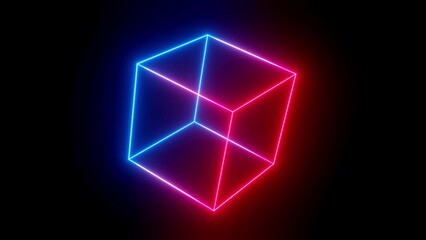 3d render. Background with neon glow, light gradient blue red magenta. 3d luminous frame figure in the dark. Cube